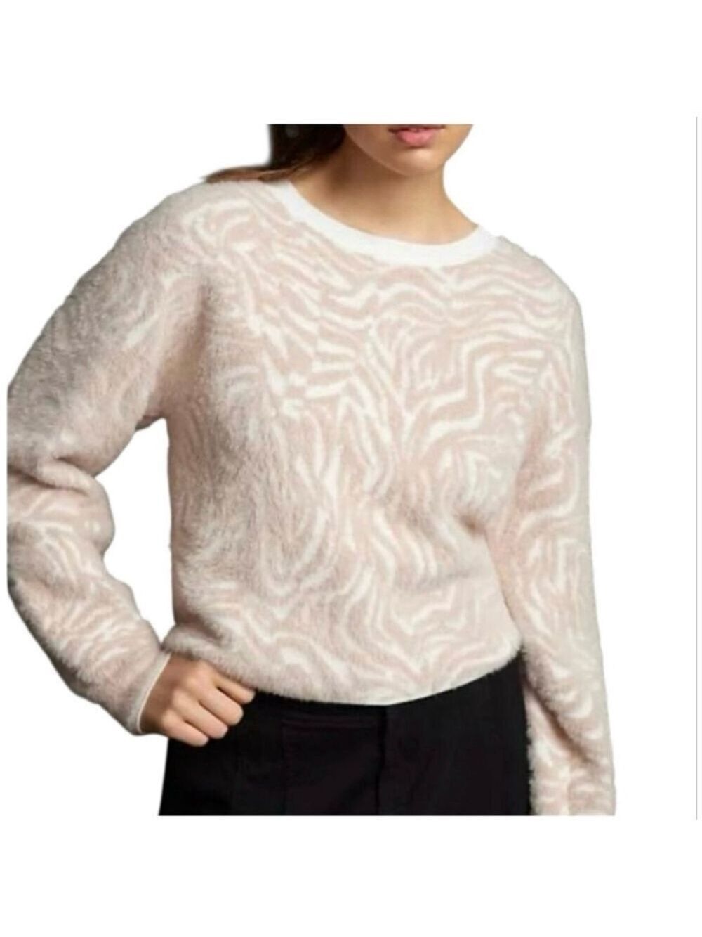 Anthropologie Pilcro Soft Tiger Stripe Sweater Cream Tan Fuzzy Pullover M